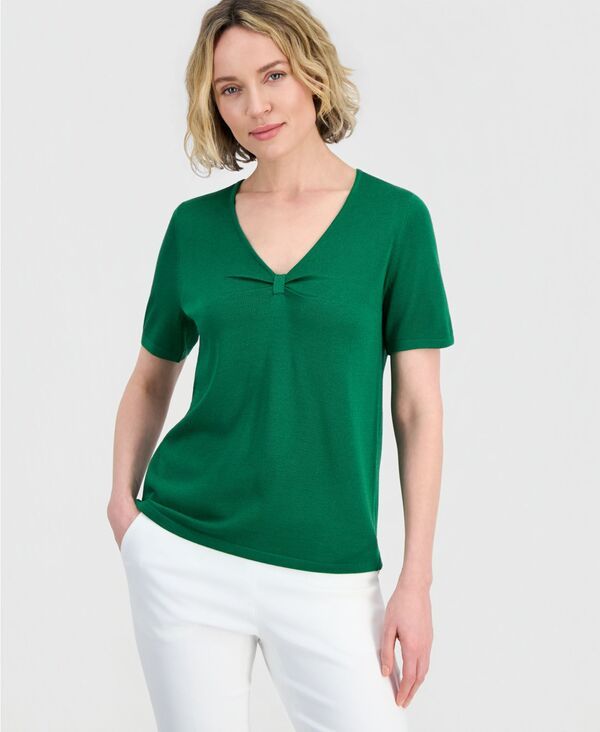 カスパール レディース アウター ニット・セーター Vネック 半袖 Kasper Womens Gathered VNeck ShortSleeve Sweater Lush Green グリーン 11,300円