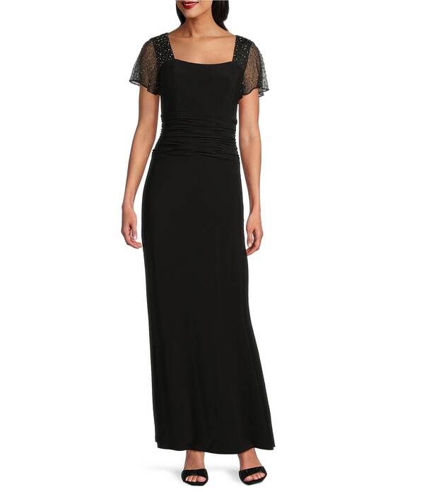イグナイト レディース トップス ワンピース プチ ギャザー Ignitevenings Petite Size Short Flutter Sleeve Square Neck Ruched She