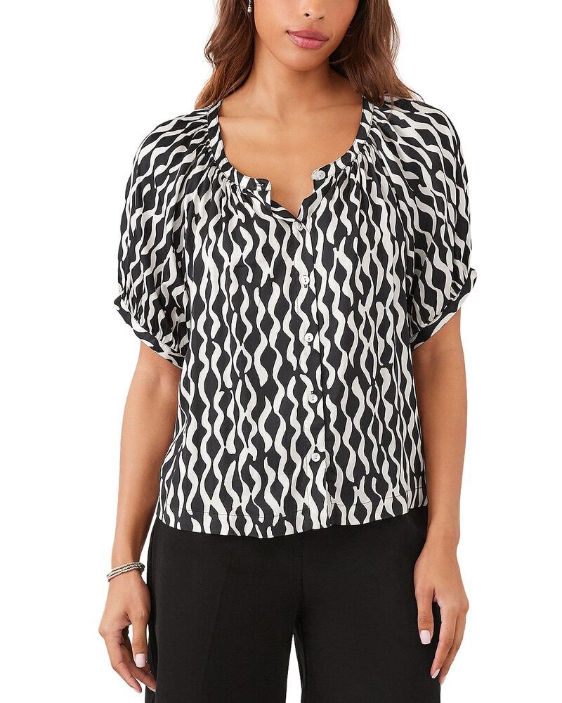 カレンケーン レディース トップス シャツ サテン Karen Kane Satin Short Sleeve Peasantoprint