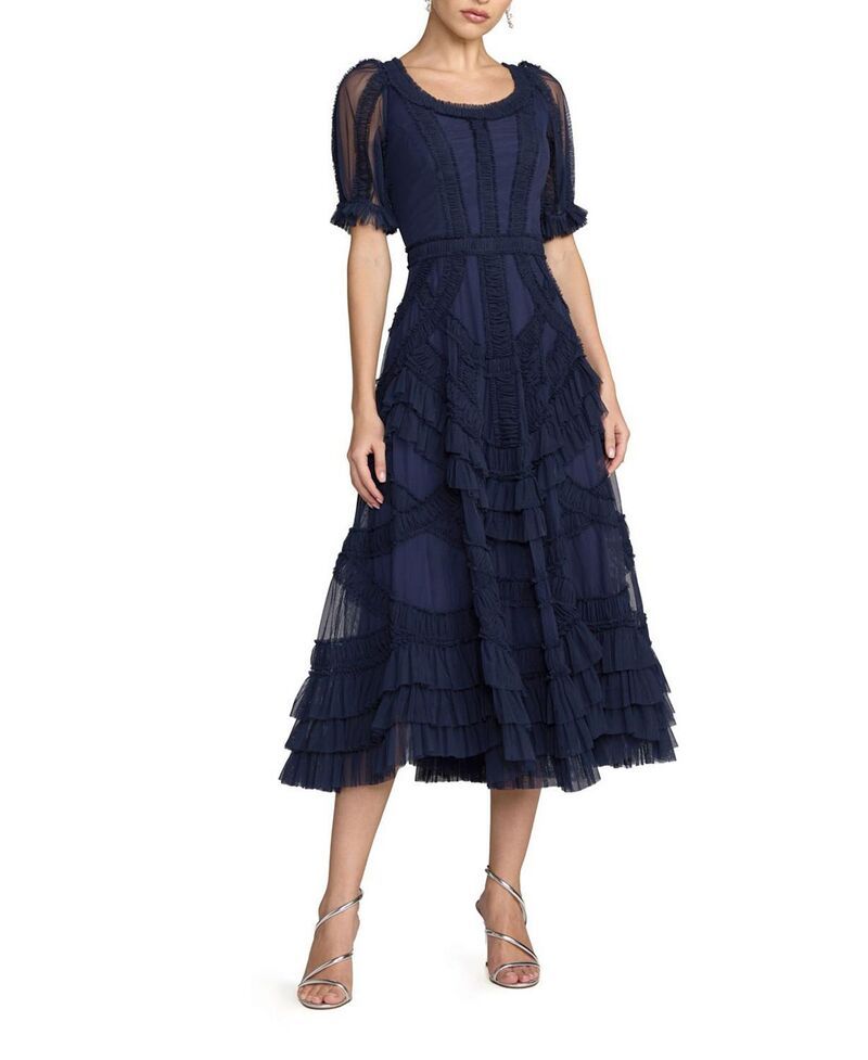 マックダガル レディース トップス ワンピース フリル メッシュ ミディ Mac Duggal Short Sleeve Mesh Mirco Ruffle Midi Dress Indigo インデ 104,400円
