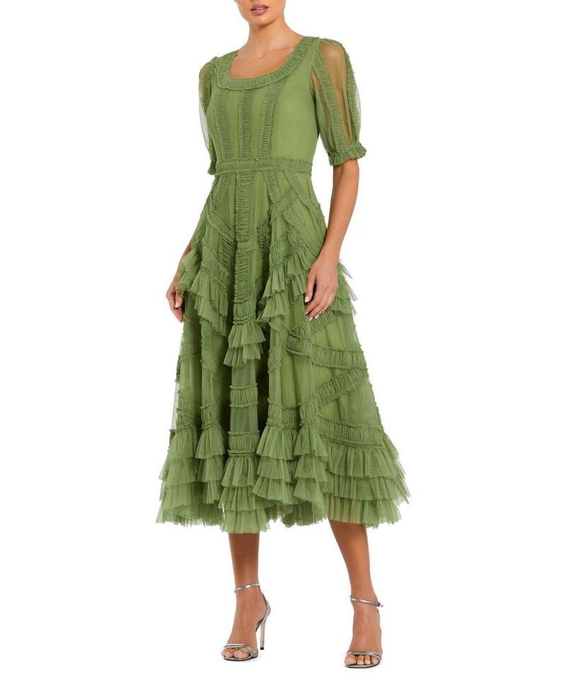 マックダガル レディース トップス ワンピース フリル メッシュ ミディ Mac Duggal Short Sleeve Mesh Mirco Ruffle Midi Dress Moss Green