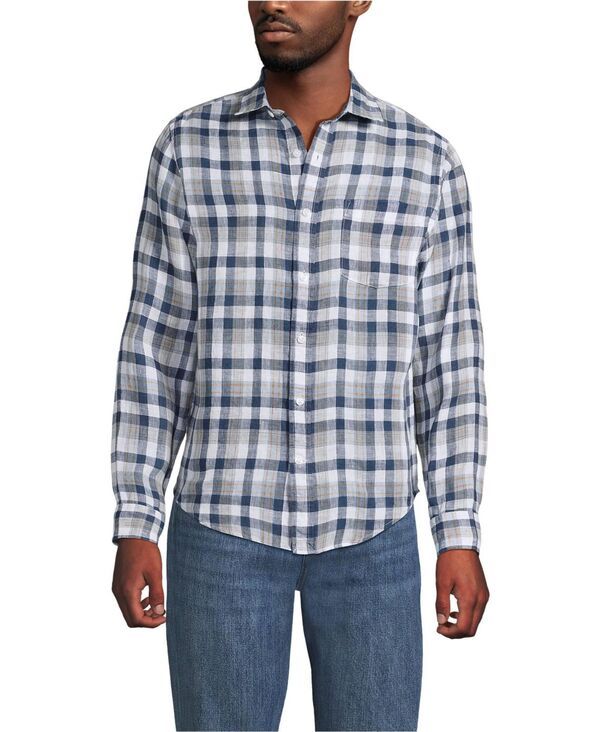 ランズエンド メンズ トップス シャツ トール リネン Lands End Big Tallong Sleeve Linen Shirt Light indigo bluetan plaid インディ
