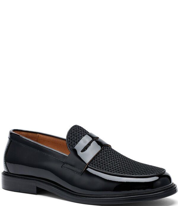 マークノーラン メンズ シューズ スリッポン・ローファー メッシュ レザー Marc Nolan Mens Calum Patent Leather and Mesh Penny Loafers Bl