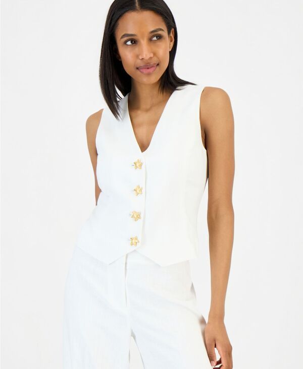 タハリエーエスエル レディース トップス ベスト リネン Tahari ASL WomenstarfishButton Linen Blend Vest White ホワイト