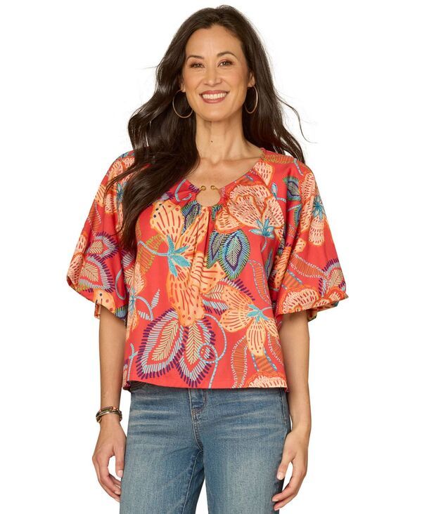 デモクラシー レディース トップス シャツ Vネック プチ プリント ベルスリーブ Democracy Petite Bubble BellSleeve VNeck Printed Woven Top