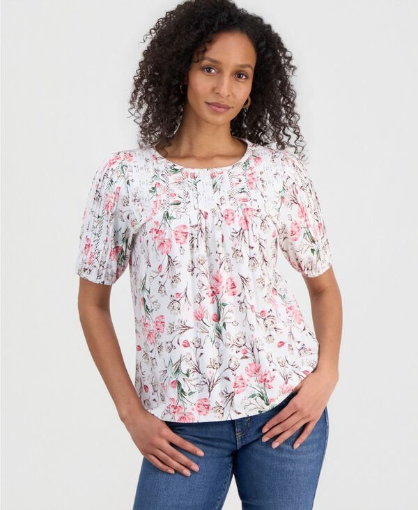 スタイルアンドコー レディース トップス シャツ プリント レース ニット Style Co Womens Printed LaceTrimmed Knitop Bright White Combo