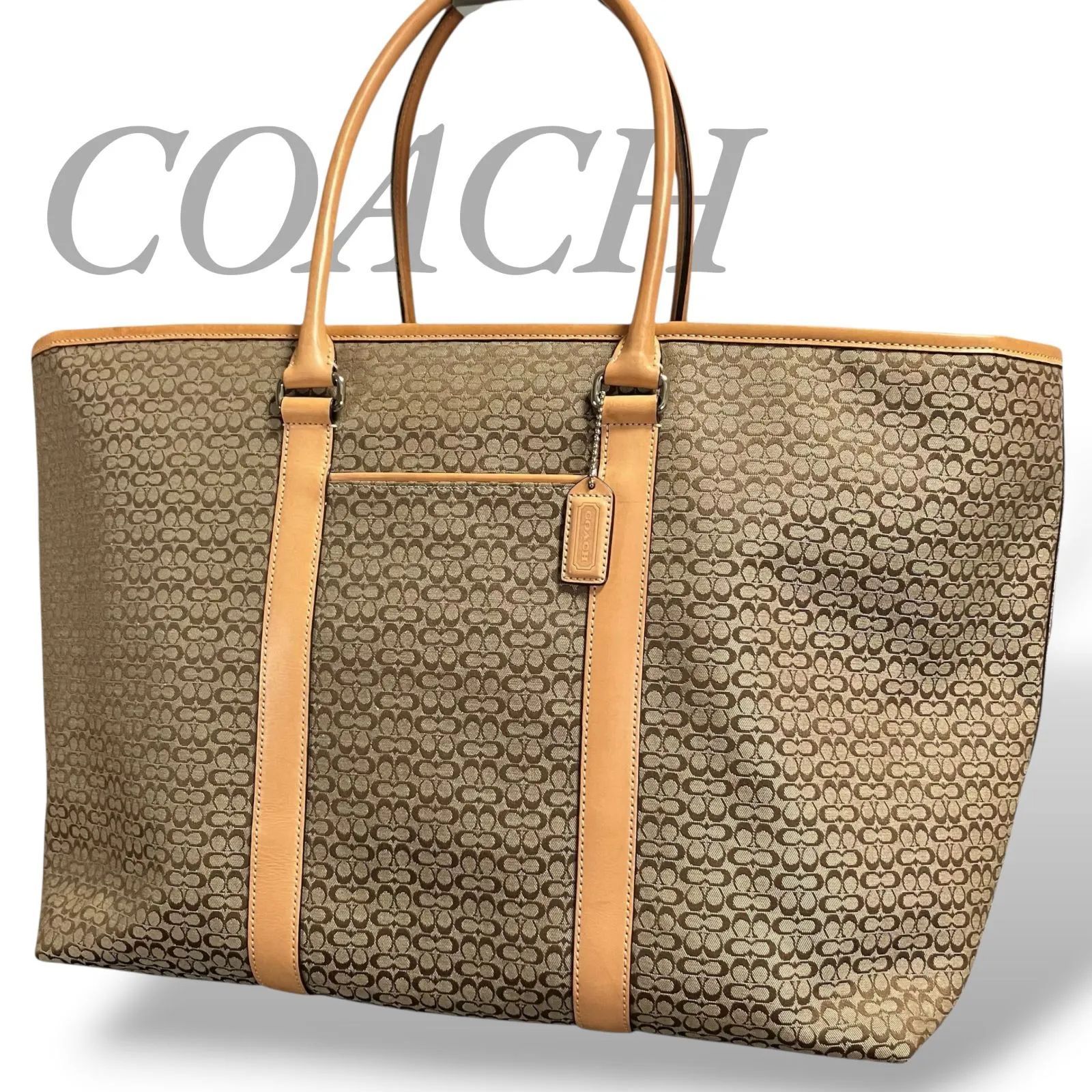 【MY1014】COACH コーチ トートバッグ キャンバス レザー ミニシグネチャー 肩掛け ボストン 大容量 ブラウン ファスナー 3602