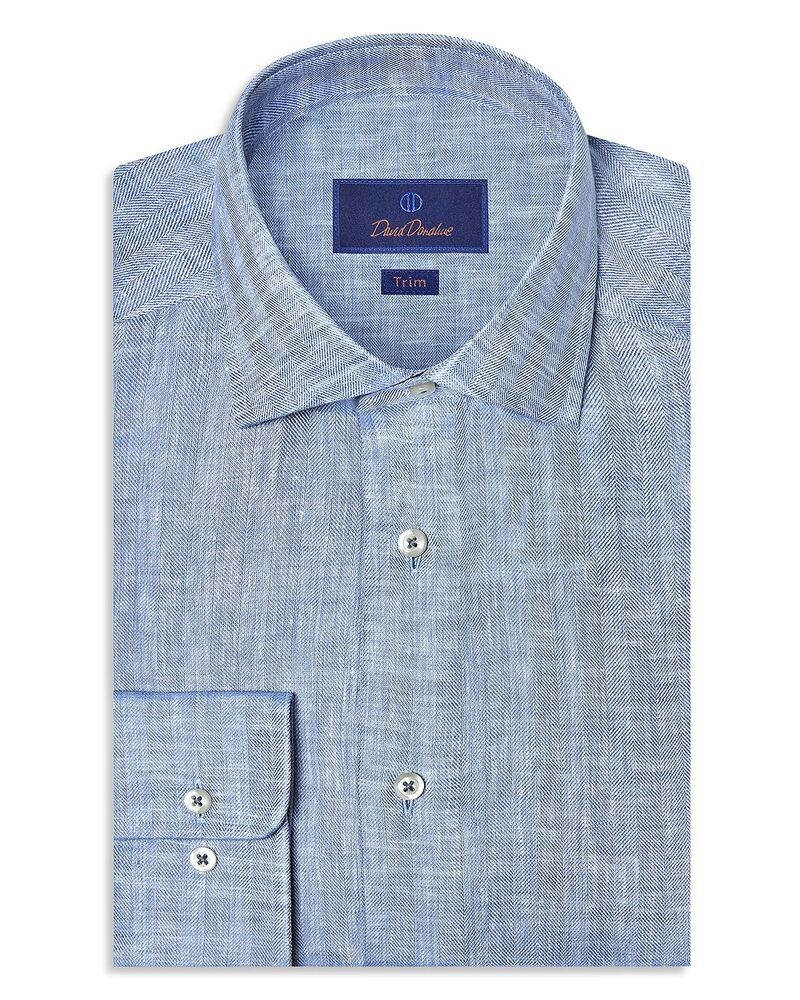 デイビッドドナヒュー メンズ トップス シャツ リネン Davidonahue Trim Fit Linen Herringbone Dresshirt Denim デニム