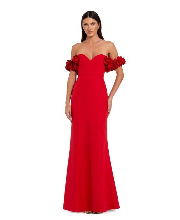 マックダガル レディース トップス ワンピース クレープ Mac Duggal Womens Crepe Off The Shoulder Gown With 3D Flowers Red レッド