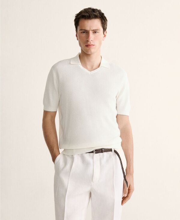 マンゴ メンズ トップス ポロシャツ コットン ニット MANGO Mens CottonLyocell Knit Polo Shirt Off White オフホワイト