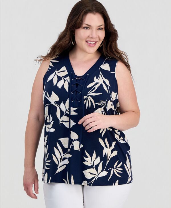 ジェイエムコレクション レディース トップス シャツ プリント ノースリーブ レース JM Collection Womens Printed LaceUp Sleeveless Top Intrep
