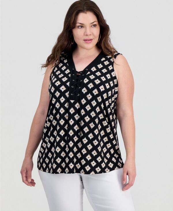 ジェイエムコレクション レディース トップス シャツ プリント ノースリーブ レース JM Collection Womens Printed LaceUp Sleeveless Top Deep B