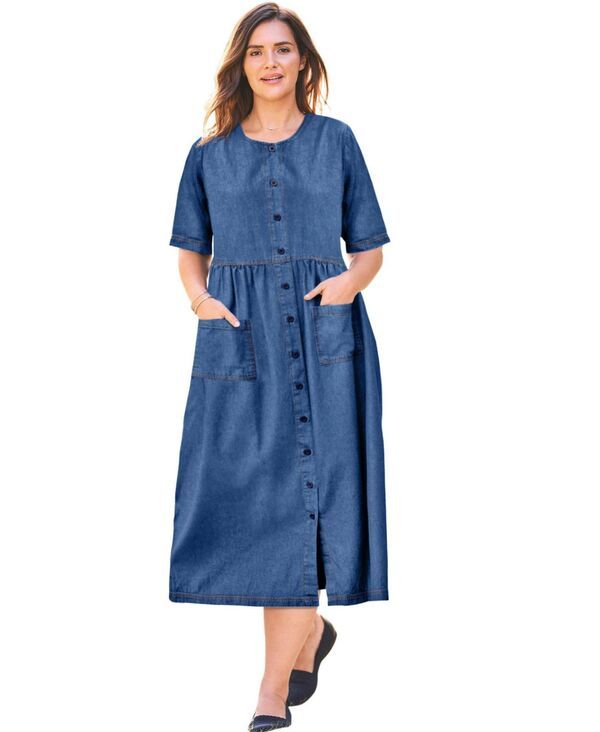 ウーマン ウィズイン レディース トップス ワンピース プラスサイズ 半袖 デニム Woman Within Plusize ShortSleeve Denim Dress Medium stonew