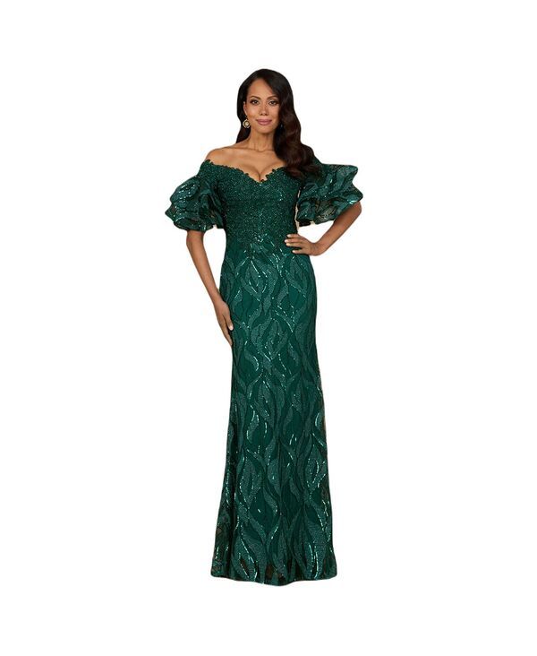 ララ レディース トップス ワンピース ティアード Lara Womens Off Shoulder Mermaid Beaded Gown with Tie red Sleeves Green グリ 105,400円