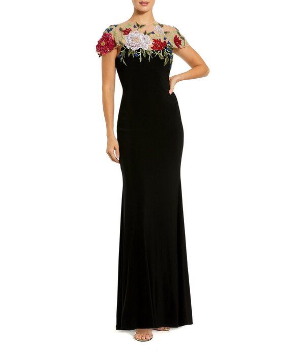 マックダガル レディース トップス ワンピース クルーネック フラワー柄 ジャージー フラワー Mac Duggal Floral Embellished Crew Neck Short Sleeve