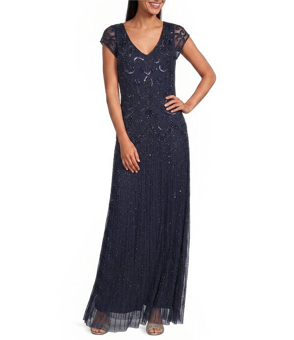 ピサッロナイツ レディース トップス ワンピース Vネック A ライン メッシュ キャップ Pisarro Nights Double VNeck Cap Sleeve Beadrop Waist M