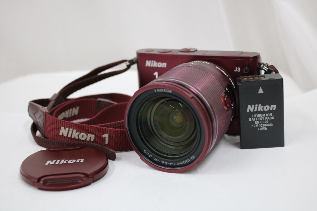 【返品保証】 【シャッター290回】ニコン Nikon 1 J3 レッド 10-100mm F4-5.6 VR ミラーレス一眼 e16905