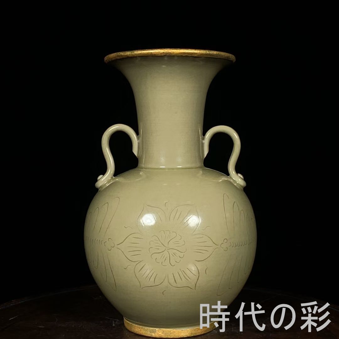 【双耳瓶】中国古美術 唐 越窯風 金彩包口 花卉紋 双耳壺 青磁 花瓶 唐物 收蔵逸品 R08080213 38,220円