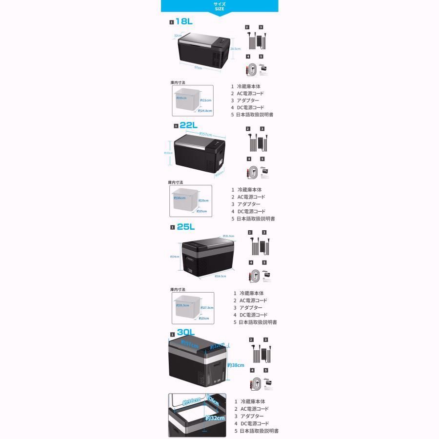 【送料無料】車載冷蔵庫 18L 22L 25L 30L -22℃～10℃ 45W ポータブル冷蔵庫 急速冷凍 2WAY電源対応 AC100V/DC12V24V 車載/家庭用 静音 1年保証 DC/ACアダプター付 車中泊 コード:52543