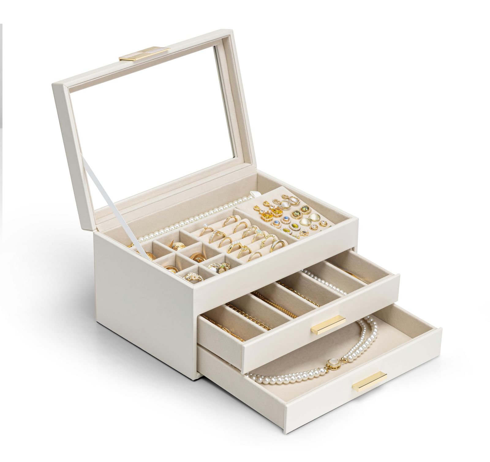 ★新品★Vlando ジュエリーボックス レディース 3段式 アクセサリー収納 ガラス蓋付き ゴールドハンドル 2段引き出し 指輪 ピアス ネックレス ブレスレット収納 （アイボリー） c537873e