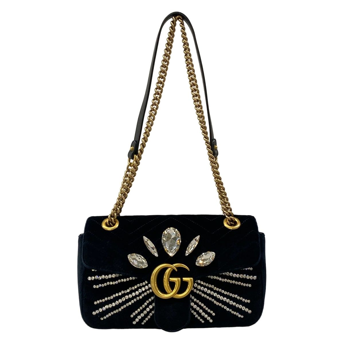 GUCCI(グッチ) ショルダーバッグ GGマーモント 443497 黒 ラインストーン/ビジュー/チェーンショルダー/ハート