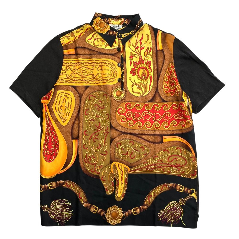 良品 HERMES エルメス Festival 祭典 ツイルレーヌ シルク ニット ポロシャツ カシミヤ混 切替 旧タグ オールド S 黒 ブラック×マルチ レディース 古着 中古 USED 25,193円