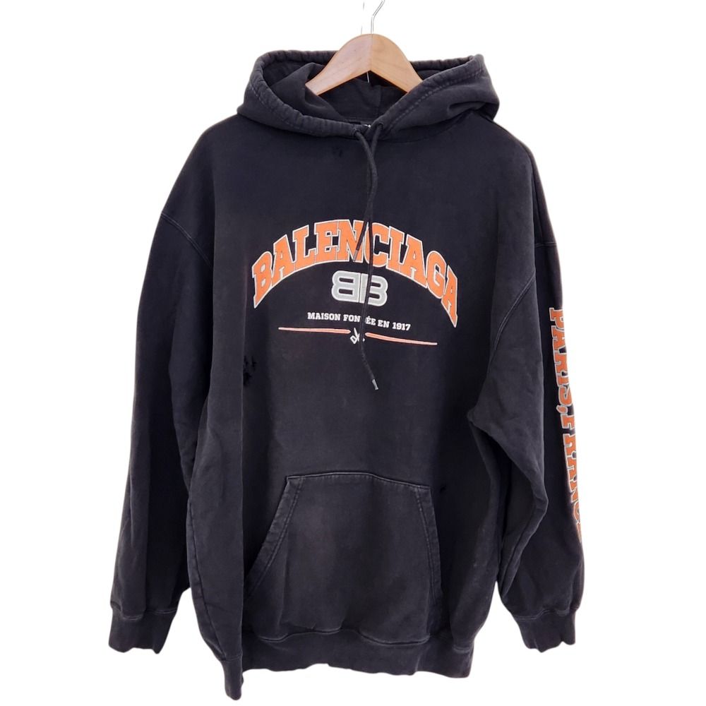 良品 BALENCIAGA バレンシアガ 2021年モデル アーチロゴ クラック加工 プルオーバーパーカー 570811 サイズS ブラック メンズ 古着 中古 USED