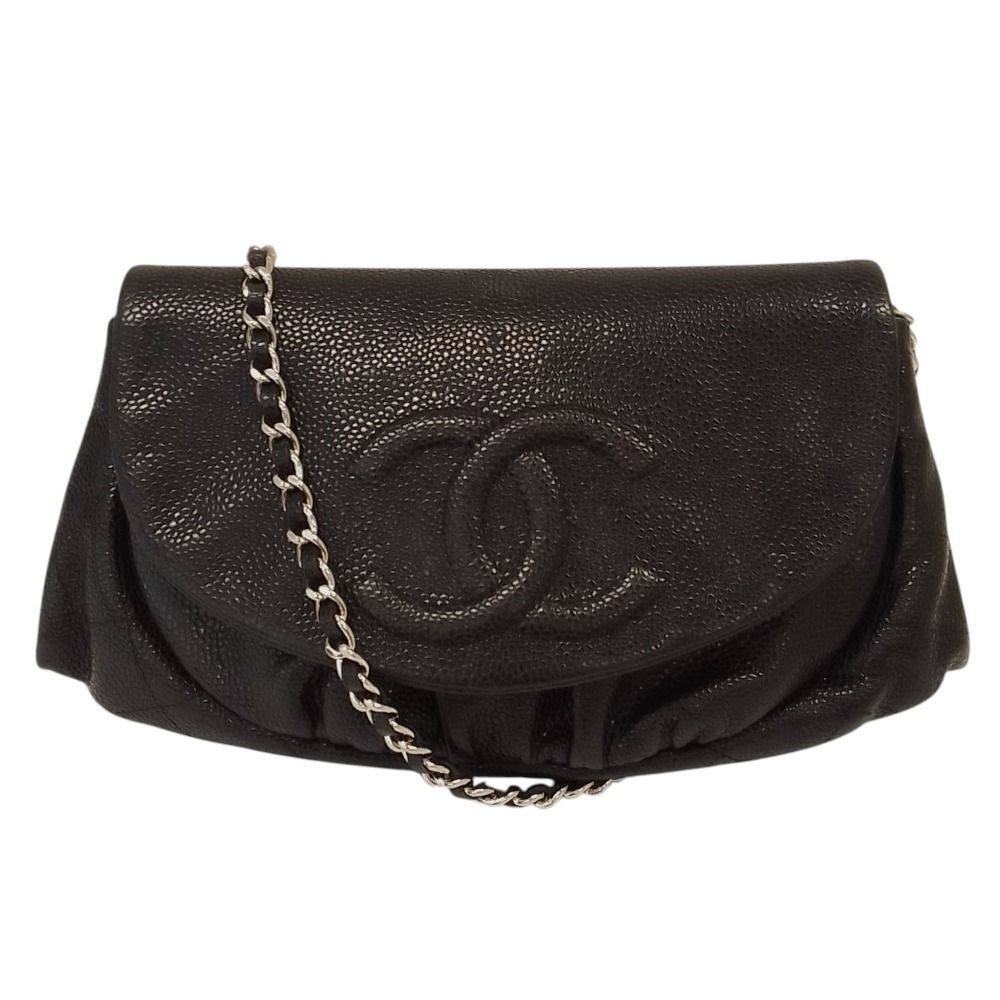 良品 CHANEL シャネル キャビアスキン ココマーク ハーフムーン チェーンウォレット ショルダーバッグ A40033 ブラック レディース 古着 中古 USED