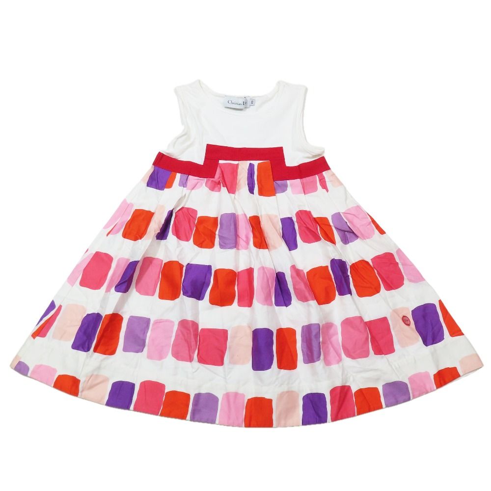 良品 Christian Dior クリスチャンディオール 子供服 ノースリーブ チュニック ワンピース フレア ロゴ プリント 6A ホワイト レッド キッズ 古着 中古 USED