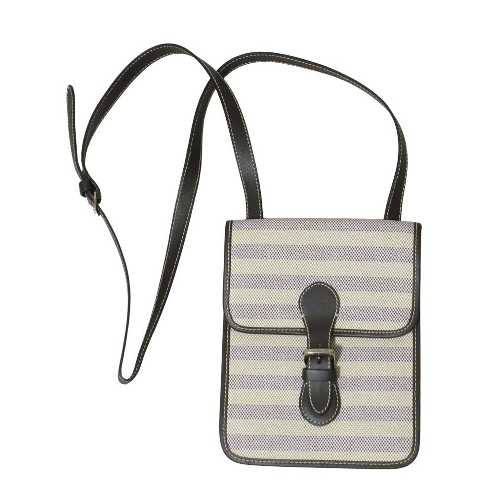 美品 ASPREY アスプレイ キャンバス ショルダーバッグ ポーチ ベージュ パープル ブラウン レディース 古着 中古 USED