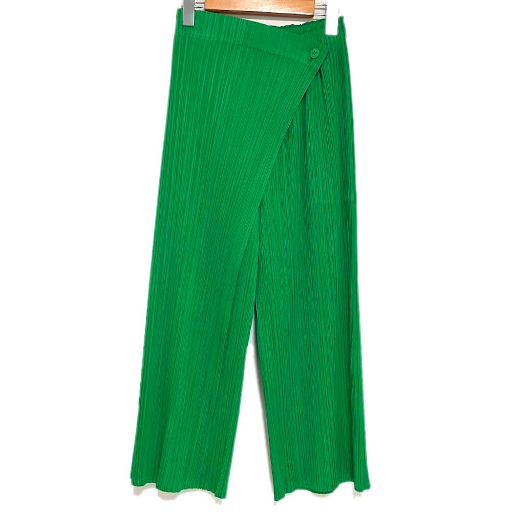 美品 PLEATS PLEASE ISSEY MIYAKE プリーツプリーズ イッセイミヤケ ラップ ワイドパンツ PP13-JF155 サイズ2 グリーン レディース 古着 中古 USED