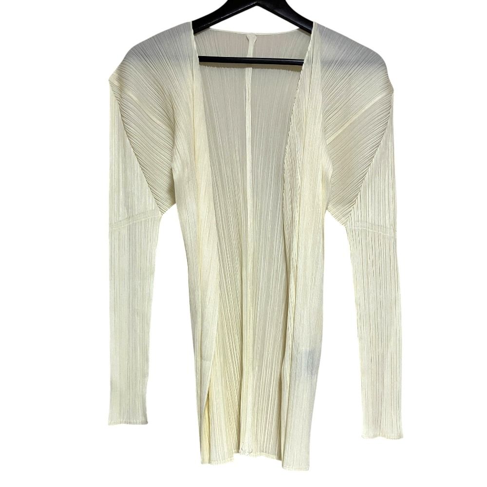 良品 PLEATS PLEASE ISSEY MIYAKE プリーツプリーズ イッセイミヤケ フロントオープン カーディガン サイズ3 クリーム レディース 古着 中古 USED