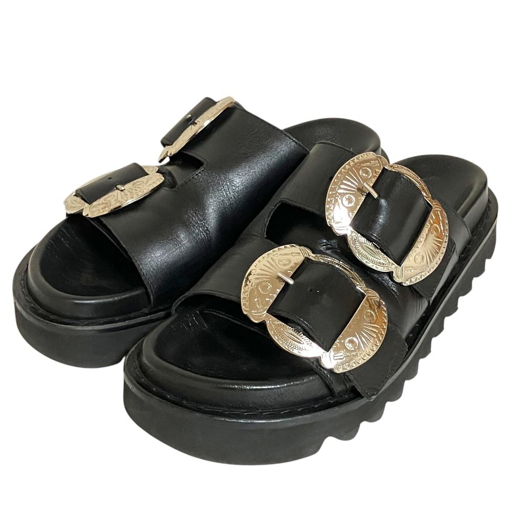 美品 TOGA PULLA トーガ プルラ レザー コンチョダブルバックル スライドサンダル AJ1209 サイズ38 24.5cm相当 ブラック レディース 古着 中古 USED