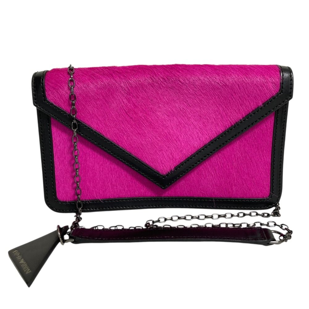 美品 EMPORIO ARMANI エンポリオアルマーニ ハラコ レザー レター型 チェーンショルダーバッグ クラッチバッグ ピンク ブラック レディース 古着 中古 USED