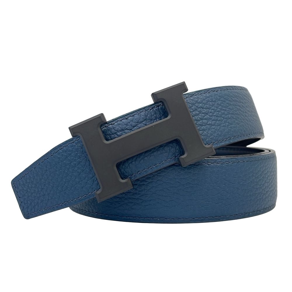 新品同様 HERMES エルメス コンスタンス レザーベルト マットブラック金具 サイズ100 ブラック ブルー メンズ 古着 中古 USED