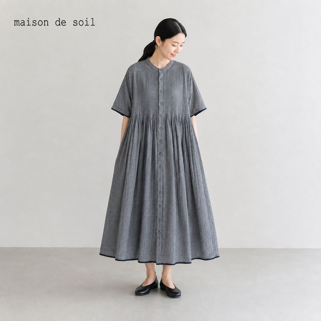 maison de soil メゾンドソイル ピンタックノーカラードレス 