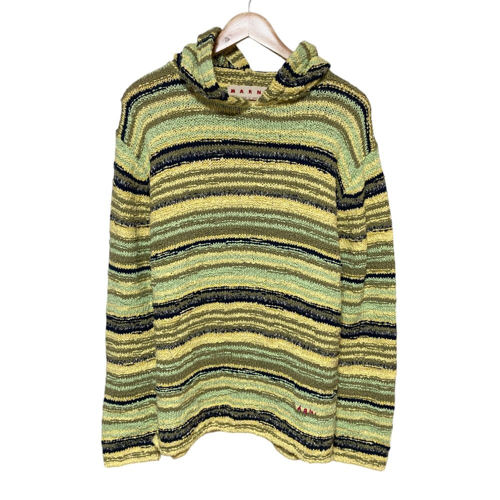 美品 24SS MARNI マルニ ロゴ刺繍 ボーダー柄 ニットパーカー 48 イエロー系マルチカラー メンズ 古着 中古 USED