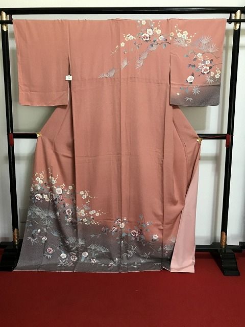 【中古】Lサイズ 訪問着 正絹 グリーン地に枝花模様 9,372円