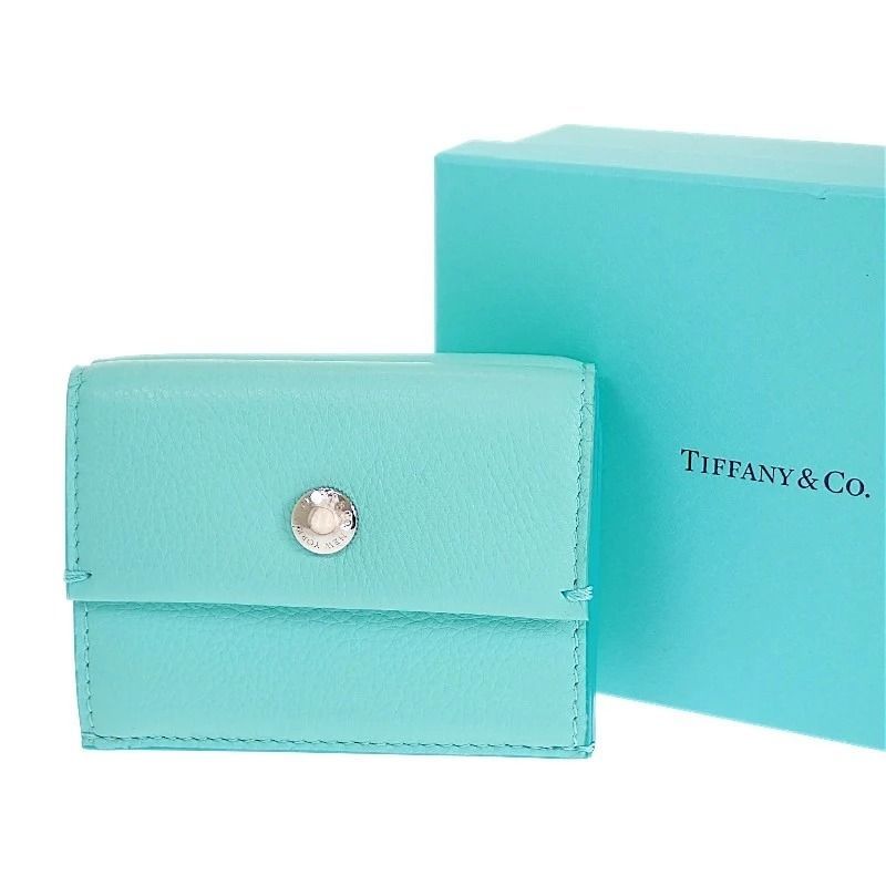 ★多少スレ・傷あり★ ティファニー TIFFANY&Co. コンパクトウォレット 三つ折り財布 レザー ブルー シルバー金具