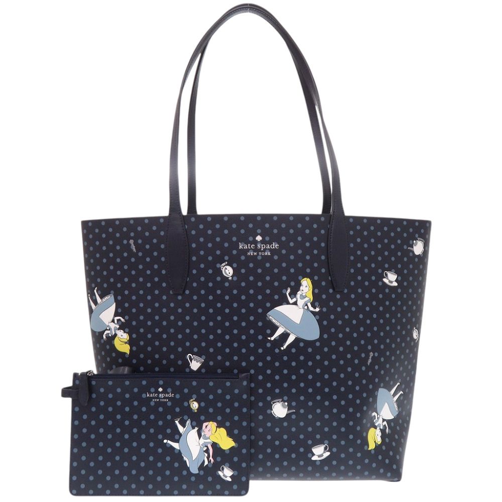 新品同様 ケイトスペード×ディズニー 不思議の国のアリス レザー ネイビー 水色 トートバッグ 紺1638 Kate Spade