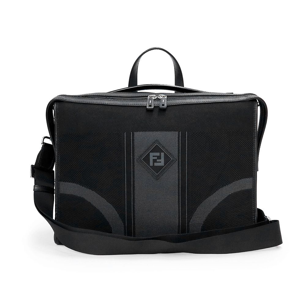 Fendi 7VA400 FF Logo Nylon Leather Mesh Nero Nero FUMO Fumo 2 Way Black Shoulder Handbag Diagonal Business Briefcase Silver Hardware FENDI (Used)