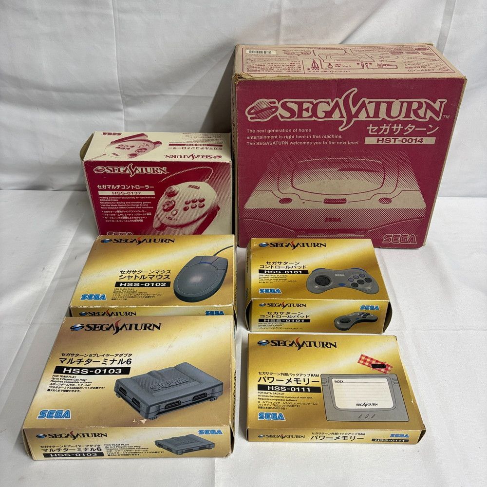 1351◆ゲーム機 セガサターン 本体 HST-0014 コントローラー パワーメモリー コントロールパッド シャトルマウス マルチターミナル6 SEGA 箱入り 6点セット 動作確認済み