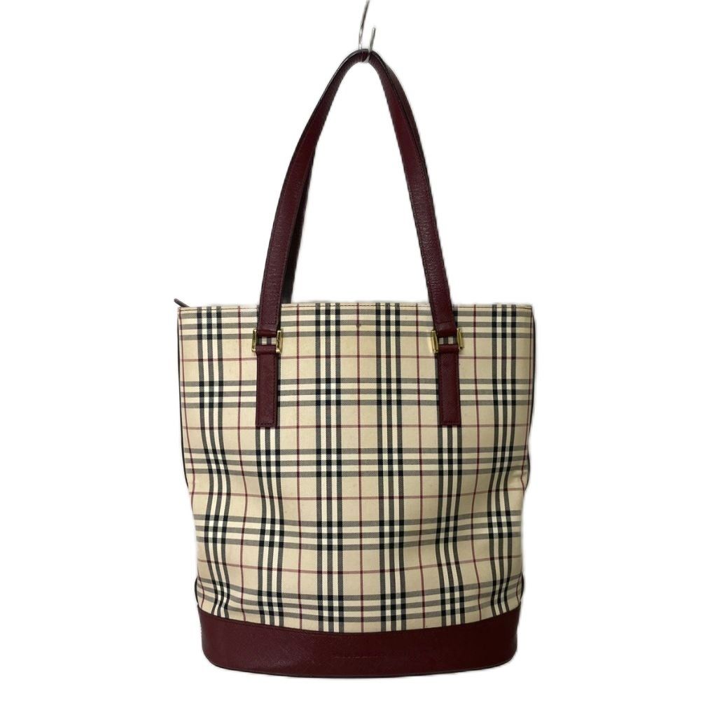 バーバリー BURBERRY ノバチェック トートバッグ ハンドバッグ レザー ベージュ レッド JAA