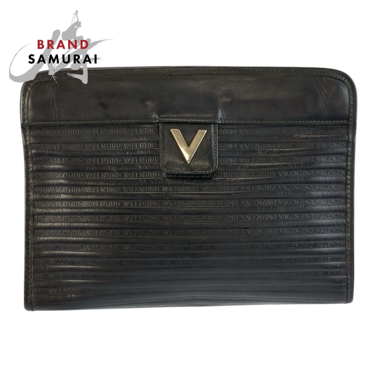 MARIO VALENTINO マリオ ヴァレンティノ ロゴ型押し ブラック 黒 シルバー金具 レザー クラッチバッグ セカンドバッグ メンズ 603789【中古】