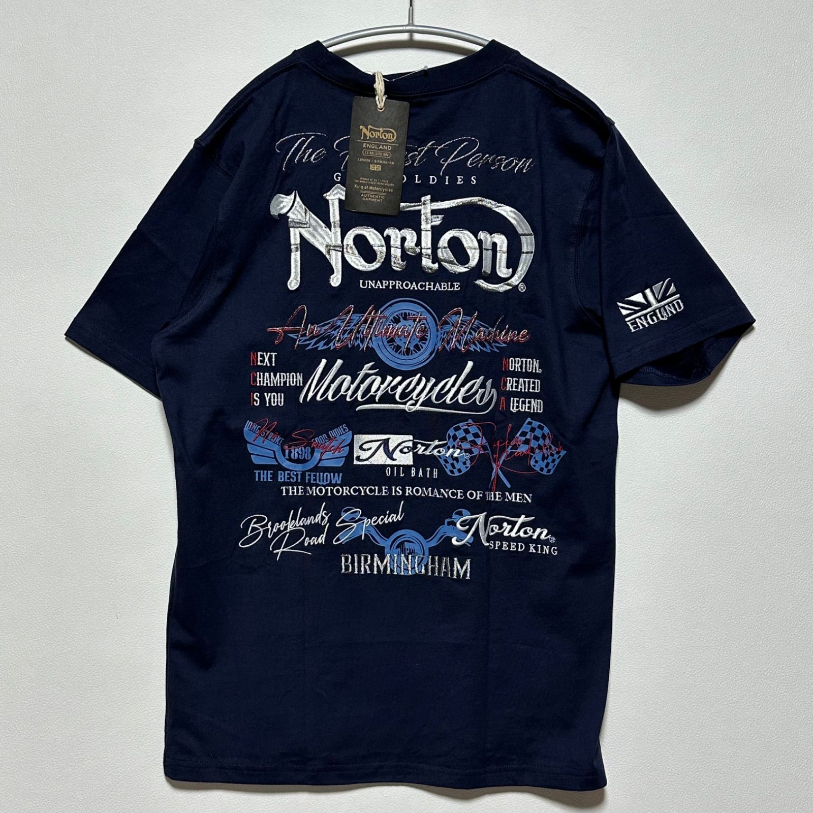 未使用 タグ付き Norton ノートン 半袖 バイカー ライダー Tシャツ L ネイビー 刺繍 ビッグロゴ バックプリント 両面プリント バイク モーターサイクル 英国 イギリス コットン100％ メンズ カジュアル 人気