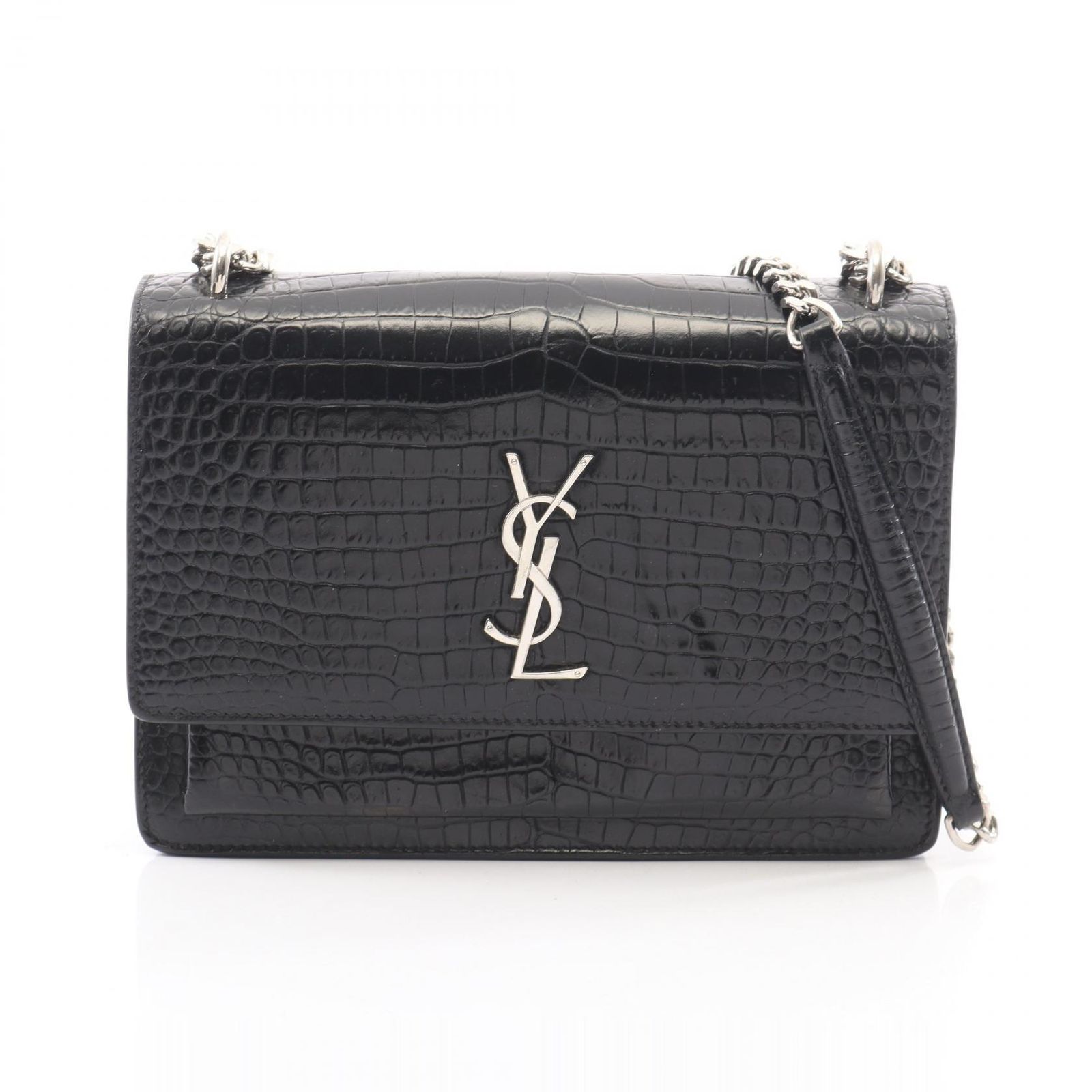サンローランパリ SAINT LAURENT PARIS ショルダーバッグ サンセット クロコ型押し ブラック レザー クロコ型押し サンセット ミディアム レディース Used A