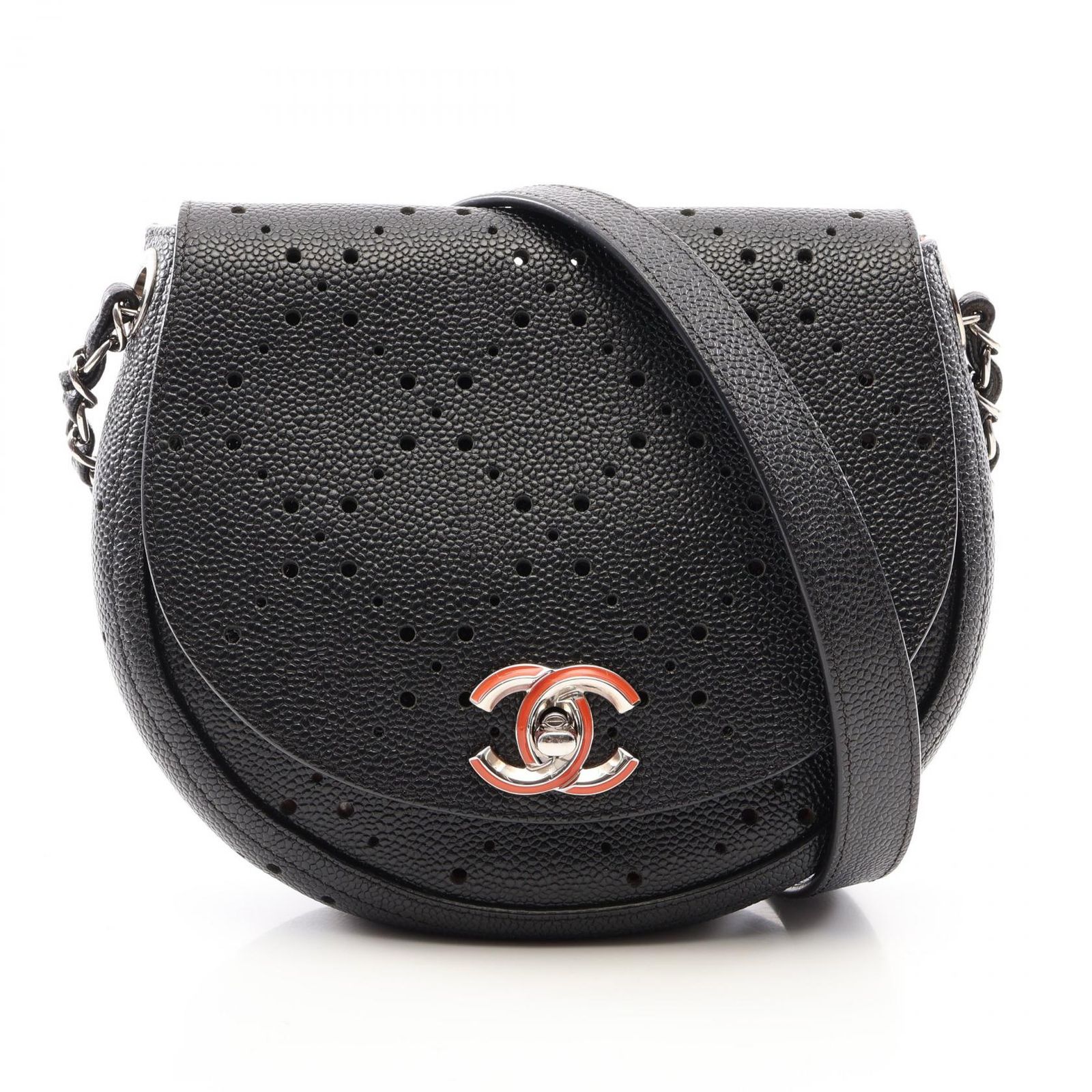 シャネル CHANEL ショルダーバッグ ラウンドフラップ パンチング コンビ金具 ブラック キャビアスキン(グレインドカーフ) ラウンドフラップ パンチング スモール チェーンショルダー 238,860円