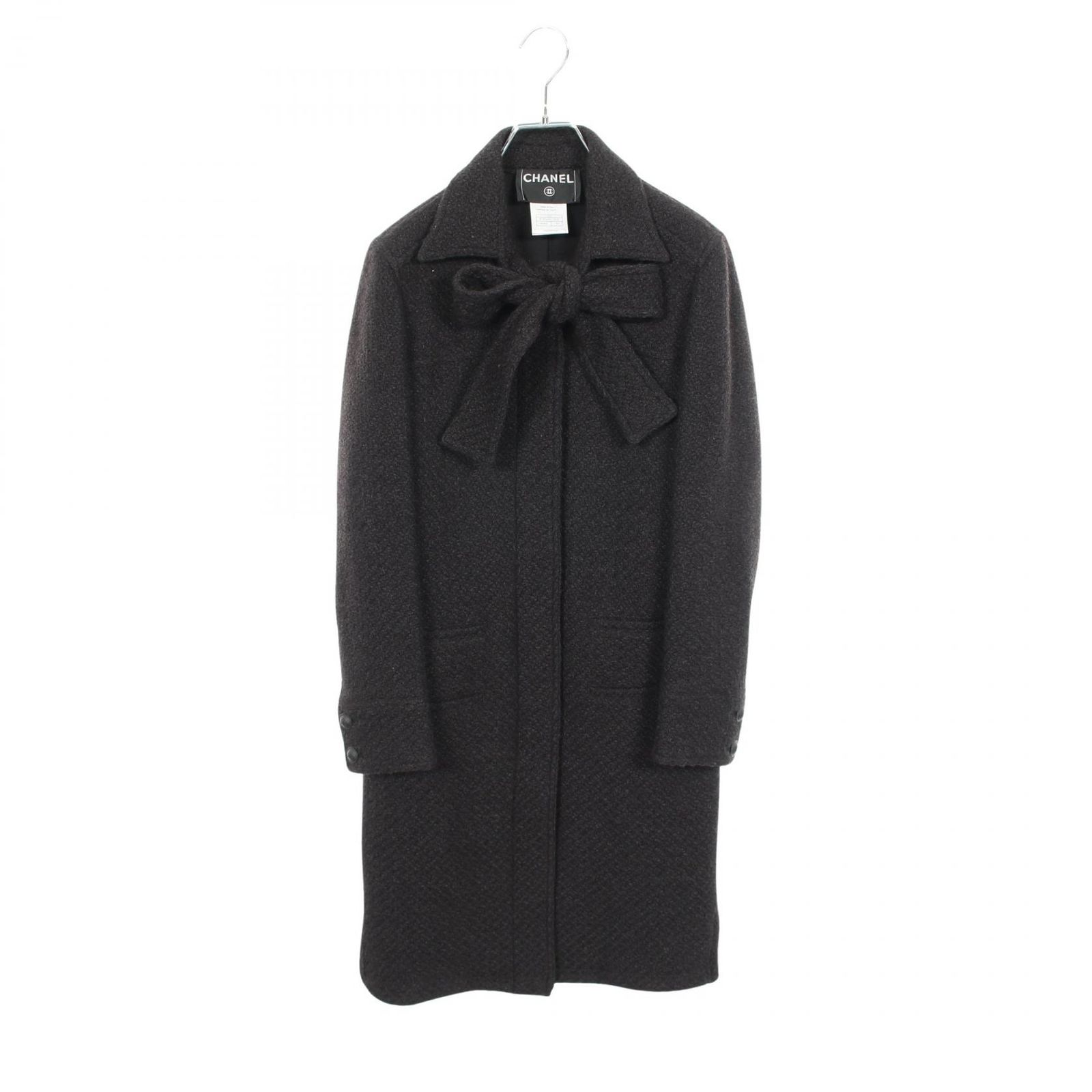 シャネル CHANEL ココマークボタン ツイード タイ付き P24569V15045 ブラック ウール コート レディース Used A