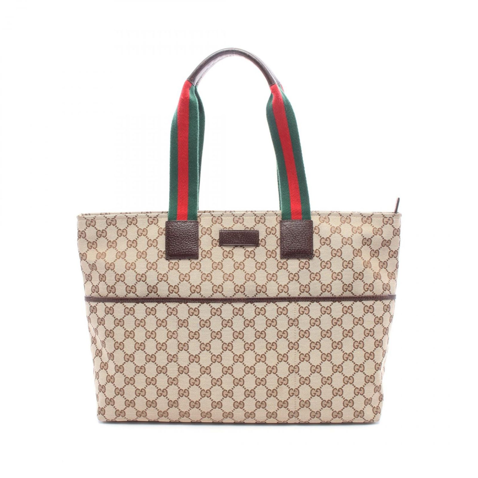 グッチ GUCCI トートバッグ ウェビングライン 155524 ベージュ/ブラウン/グリーン キャンバス レザー シェリーライン トートバッグ レディース Used B