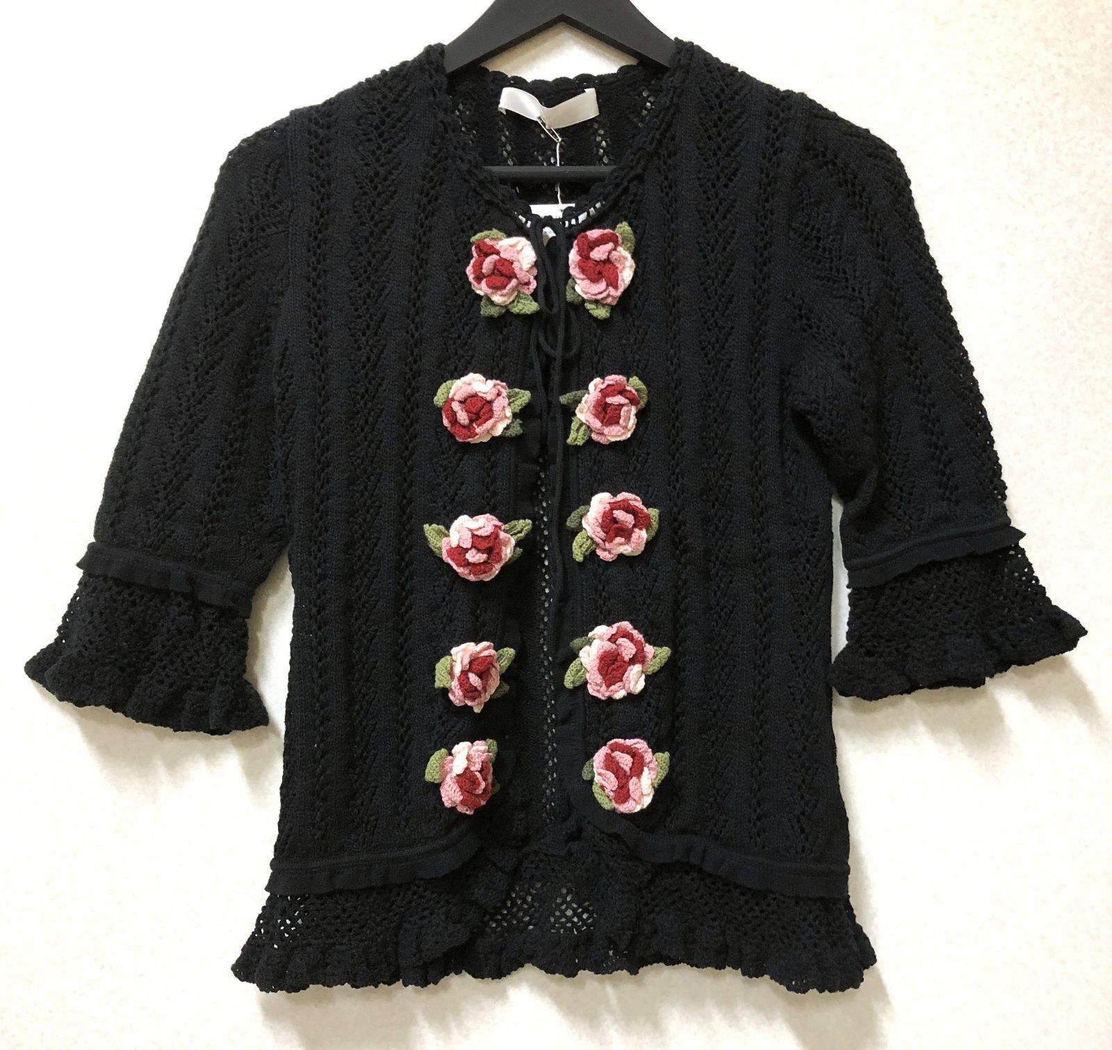D1030 PINK HOUSE ピンクハウス ローズ刺繍 ブラック カーディガン タグ付き 267051224